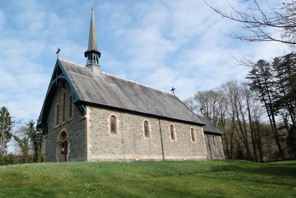 Pontargothi church with wild daffodils west Wales